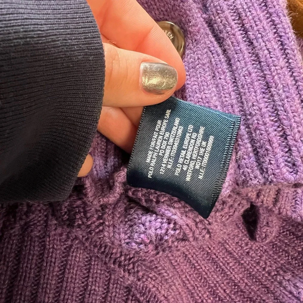 Ralph Lauren Cardigan Girls L 12/14 Purple Cable Knit Suede Elbow Patch Sweater